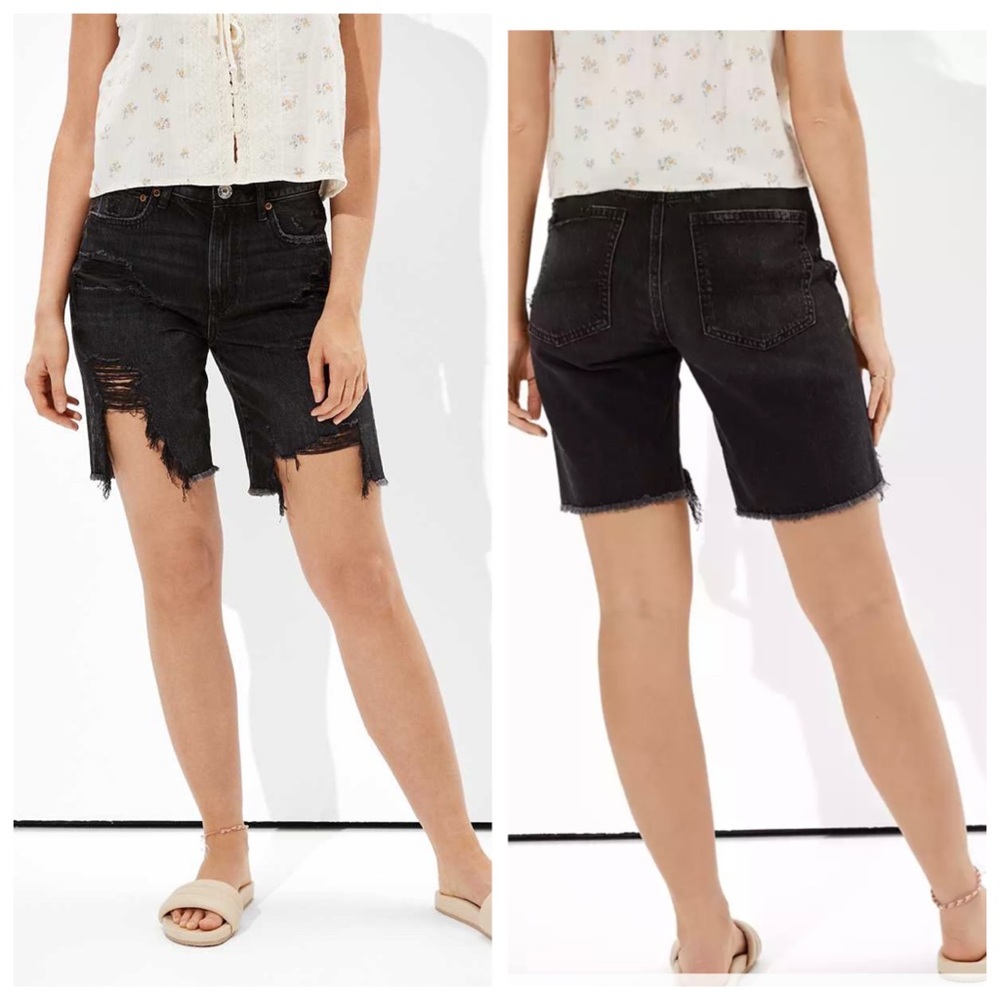 AEO American Eagle Boyfriend 90s Denim Bermuda Shorts Size 2 Distressed Black